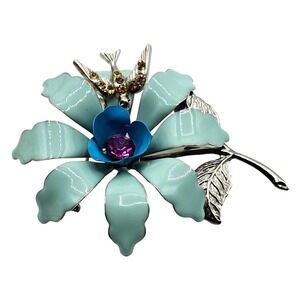 Enamel Flower Brooch Rhinestone Bird Long Stemmed Floral Pin Vintage Costume